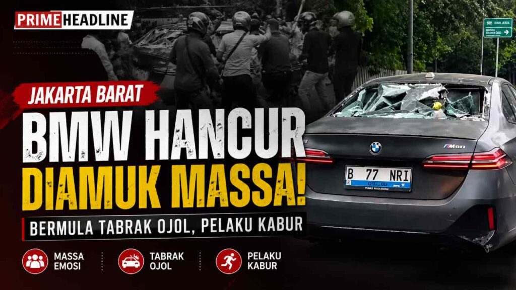 Mobil BMW Hancur Diamuk Massa Setelah Tabrak Ojol di Jakbar