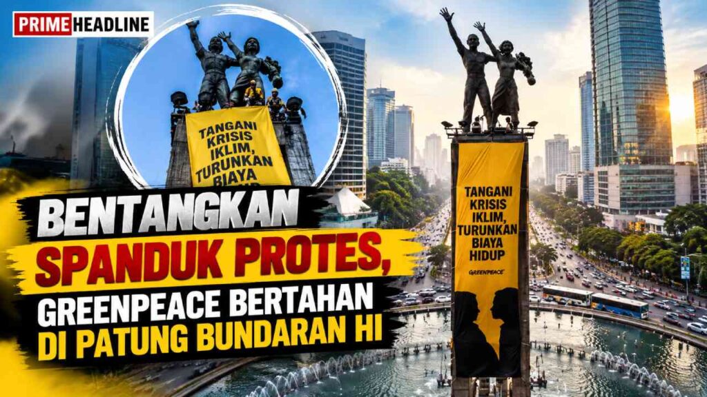 Bentangkan Spanduk Protes, Greenpeace Bertahan di Patung Bundaran HI